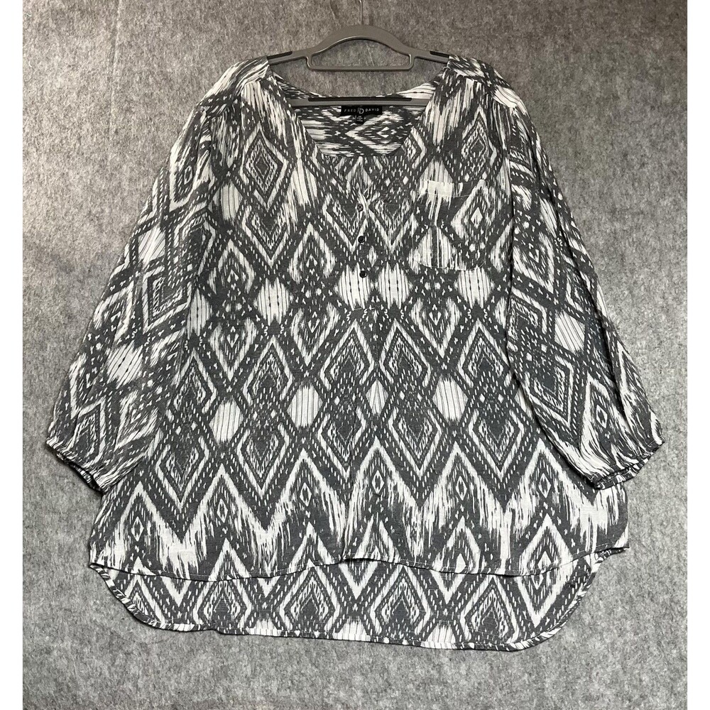 Fred David Blouse Women Plus 3X Gray Geometric Henley Long Sleeve Tunic Top Boho